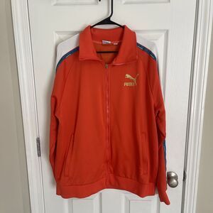 PUMA Mens T7 Track Jacket Orange Nitro Blue White Gold Size XL